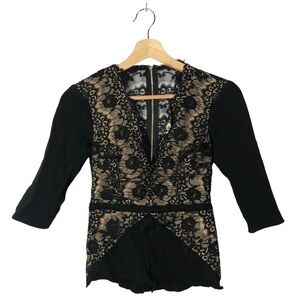 Boutique Nude & Black Lace Back Zip Long Sleeve Blouse XS